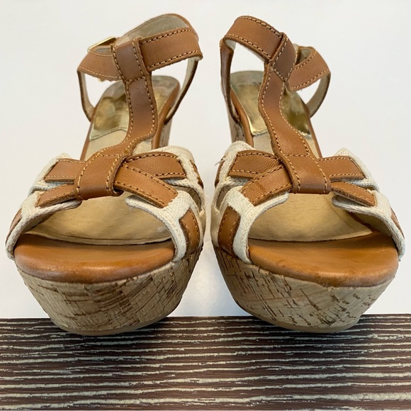 Michael Kors Melody Wedge Leather Canvas Platform Sandals Peanut Tan Sz 9 Resort - Picture 6 of 12